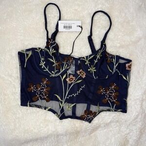 NWT TIC TOC Navy embroidered floral corset top size M